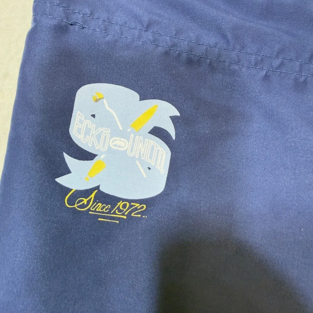 Ecko Unltd Mens Navy Blue Yellow Rhino Logo Board Shorts Swim Trunks Size 40 Y2K
